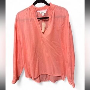 On-34Th coral color blouse w/ split V-neckline and smocked ruffled collar